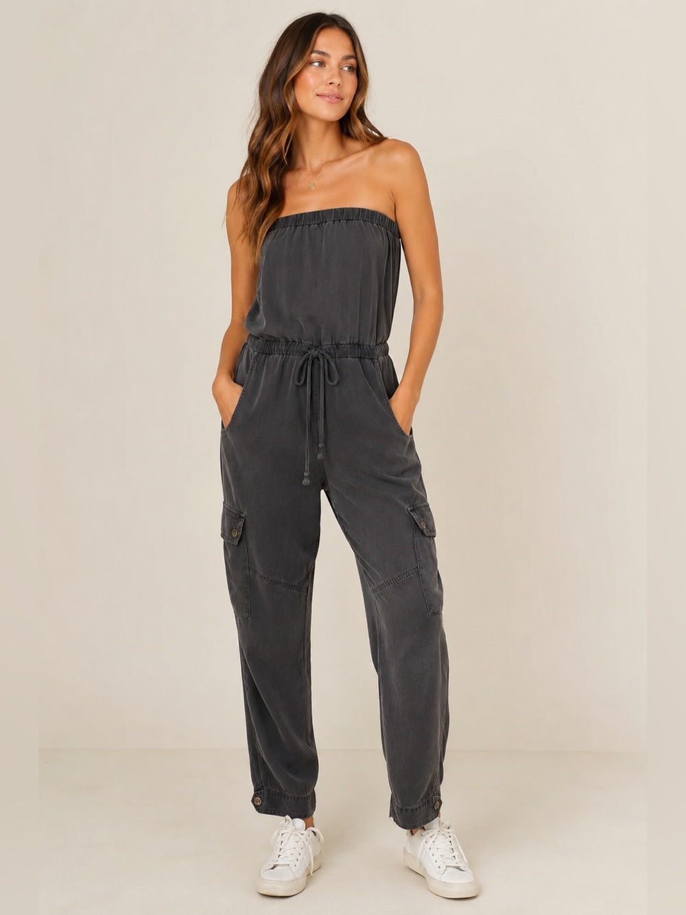 Bella Dahl Strapless Cargo Utility Chic Jumpsuit Charcoal Black XS Gorpcore